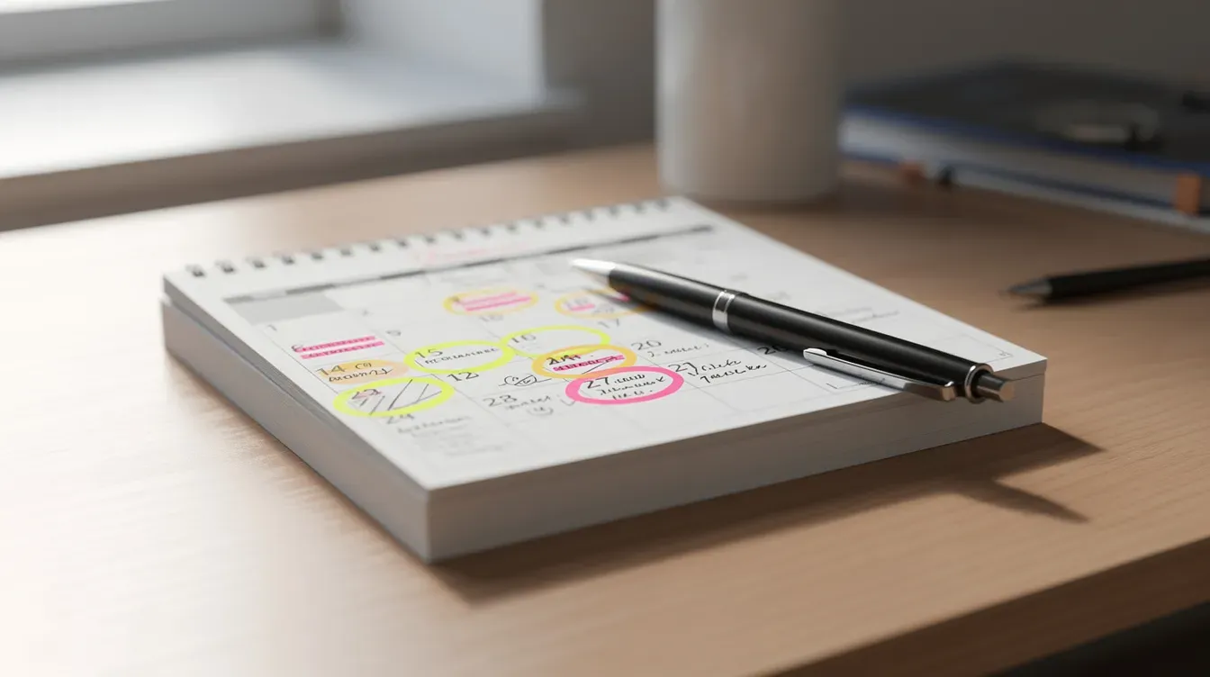 The image features a desk calendar with several highlighted dates, indicating important deadlines, and a pen resting on top, suggesting preparation for tasks like payroll processing or tax submissions. This setup may relate to managing responsibilities such as PAYE registration or tracking employee earnings for tax and national insurance contributions.