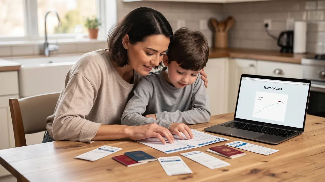A parent and child are sitting together at a kitchen table, reviewing travel documents including passports and supporting documents for a passport application. They appear focused as they prepare for the passport renewal process, discussing the necessary details and forms needed for their trip.