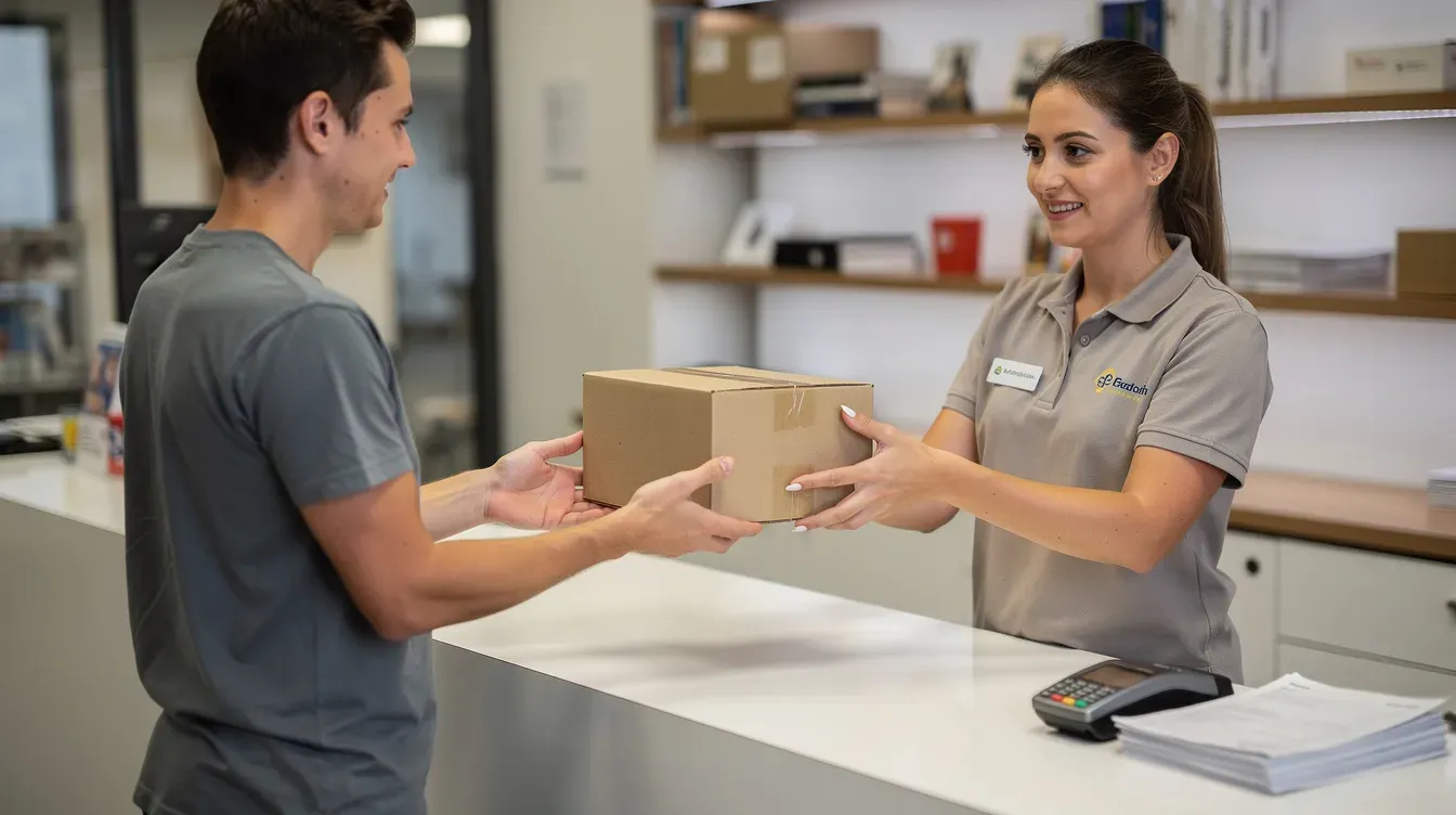 A person is standing at a counter in a post office, receiving a brown parcel from a staff member. The setting likely represents the Royal Mail Portsmouth Delivery Office located on Slindon Street, where various postal services and assistance are provided to the public.