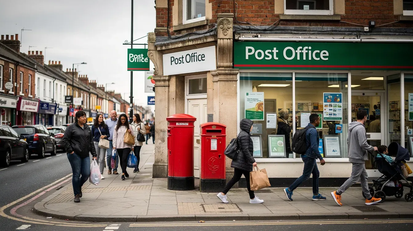 The image shows the exterior of a traditional UK post office located on a bustling high street in Portsmouth, with pedestrians walking by. The post office, identified by its signage, offers various services including banking and insurance, providing a convenient stop for locals and visitors alike.