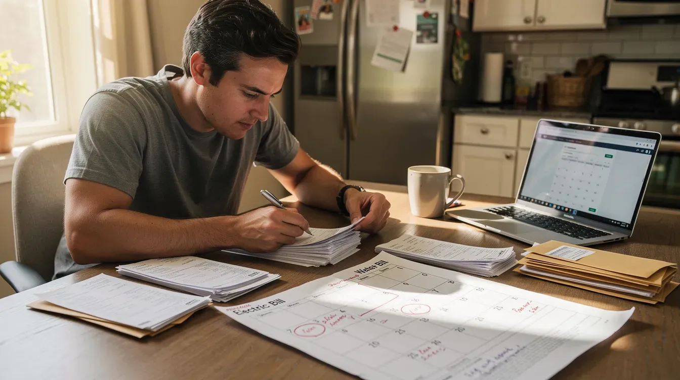 The image shows a person sitting at a kitchen table, carefully reviewing household bills alongside a calendar, reflecting on their financial responsibilities and planning for upcoming payments. This scene highlights the importance of managing housing costs and understanding benefits like universal credit during a living crisis.