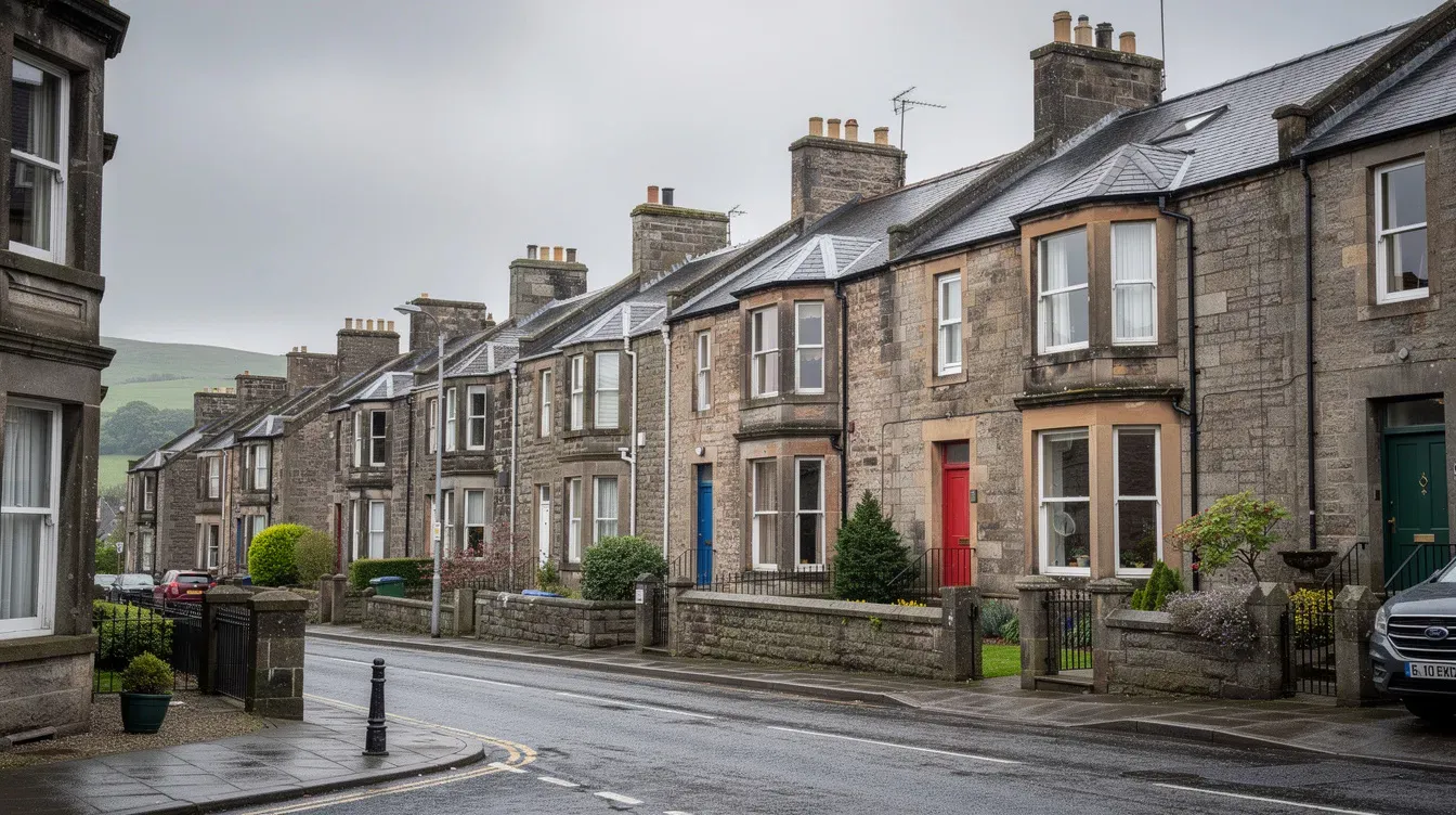 The image depicts a row of traditional Scottish residential houses lining a quiet street, showcasing their unique architectural features and charm. This serene setting may evoke thoughts about housing benefits and the support available for those navigating circumstances such as low income or claims for universal credit.