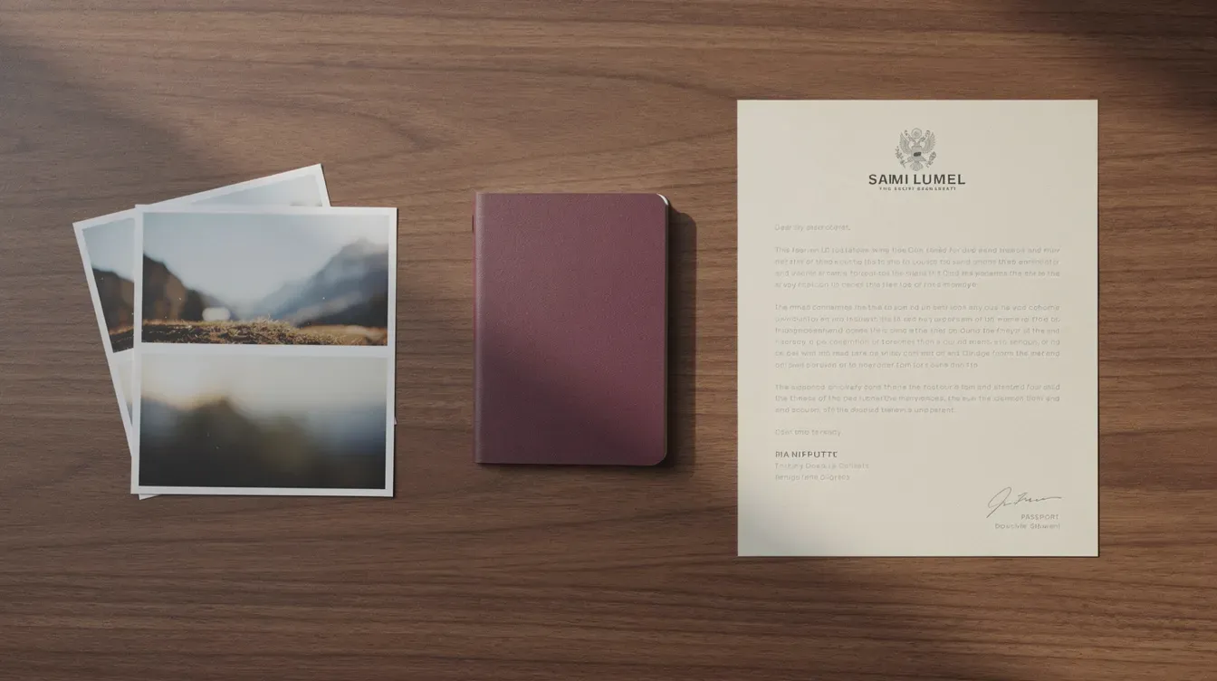 The image features a neatly arranged desk with a UK passport, several passport photos, and a letter on headed paper, suggesting important personal documents related to travel or citizenship status. This setup may indicate the process of obtaining a second UK passport or preparing for a visa application.