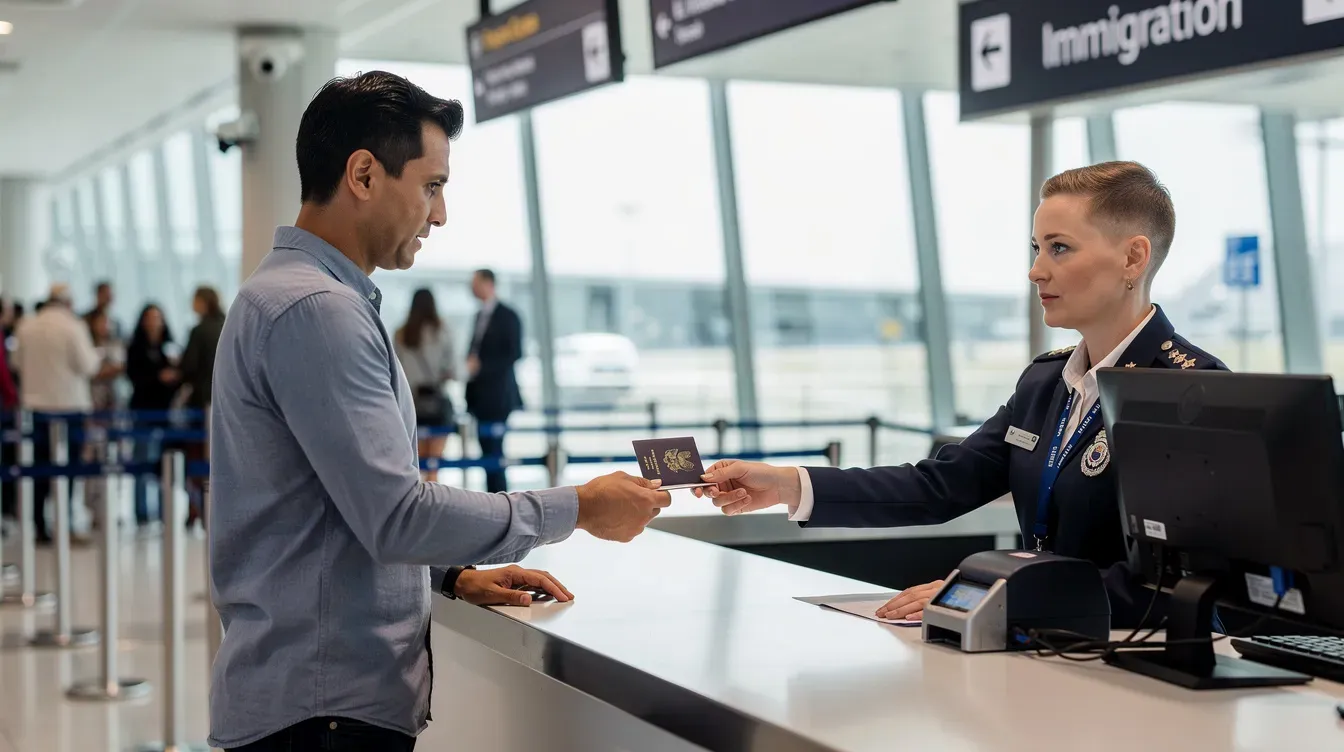 A traveller is handing their UK passport to a border control officer at an airport checkpoint, illustrating the process of international travel and border security. The officer is reviewing the passport, which is essential for verifying the traveller's citizenship status and eligibility to enter the country.