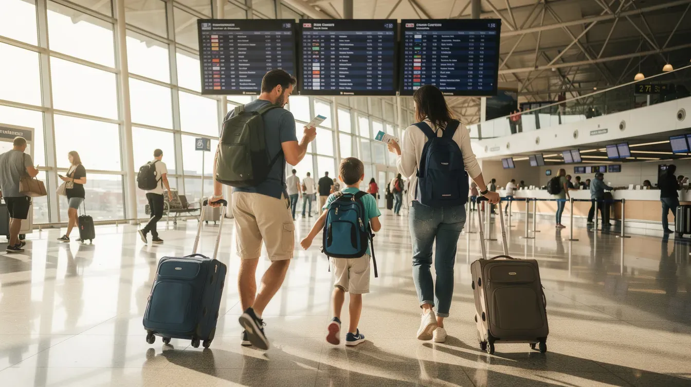 A family is seen walking through an airport departure area, each carrying luggage as they prepare for their journey. The scene captures the essence of travel, highlighting the importance of passports and travel documents for their international mobility.