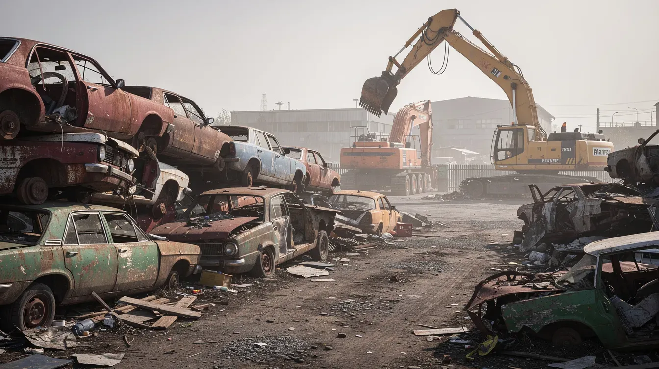 The image depicts a scrap yard filled with old cars stacked haphazardly, while heavy machinery looms in the background. This scene highlights the fate of vehicles that may have failed their MOT tests or lack a valid MOT certificate, often leading to their scrapping or sale for parts.