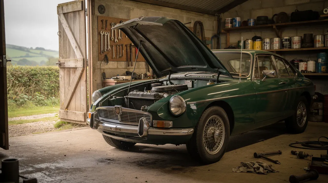 A classic British car from the 1970s is parked in a rustic countryside garage with its bonnet open, revealing the engine. This charming vehicle may attract potential buyers interested in classic cars, but it's important to check the car's MOT status to ensure it meets legal requirements for roadworthiness.