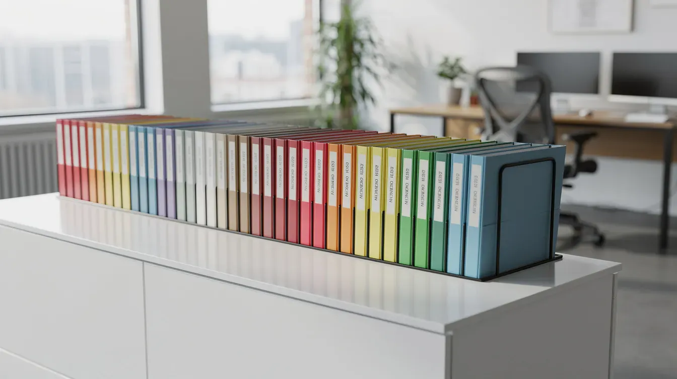 The image depicts a modern office environment featuring neatly organized filing folders, each labeled with company names and relevant government department details, showcasing a system designed to avoid delays in processing sensitive or restricted words related to business registration. The orderly arrangement emphasizes the importance of having written approval and supporting evidence for future plans and company existence.
