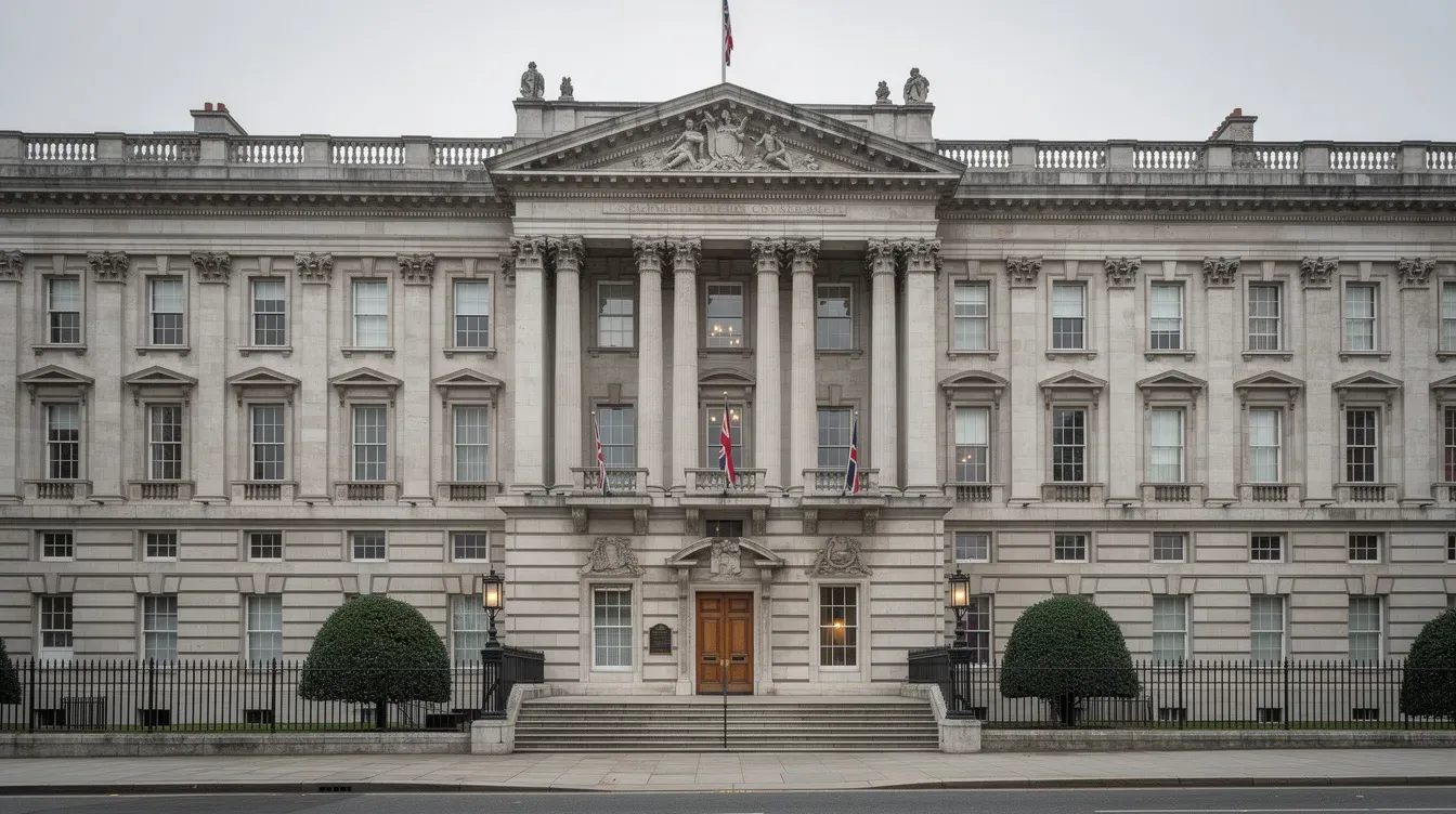 The image features a traditional British government building characterized by its impressive stone columns and a formal entrance, symbolizing authority and stability. This architectural style is often associated with relevant government departments, such as Companies House, where important business and company name registrations take place.