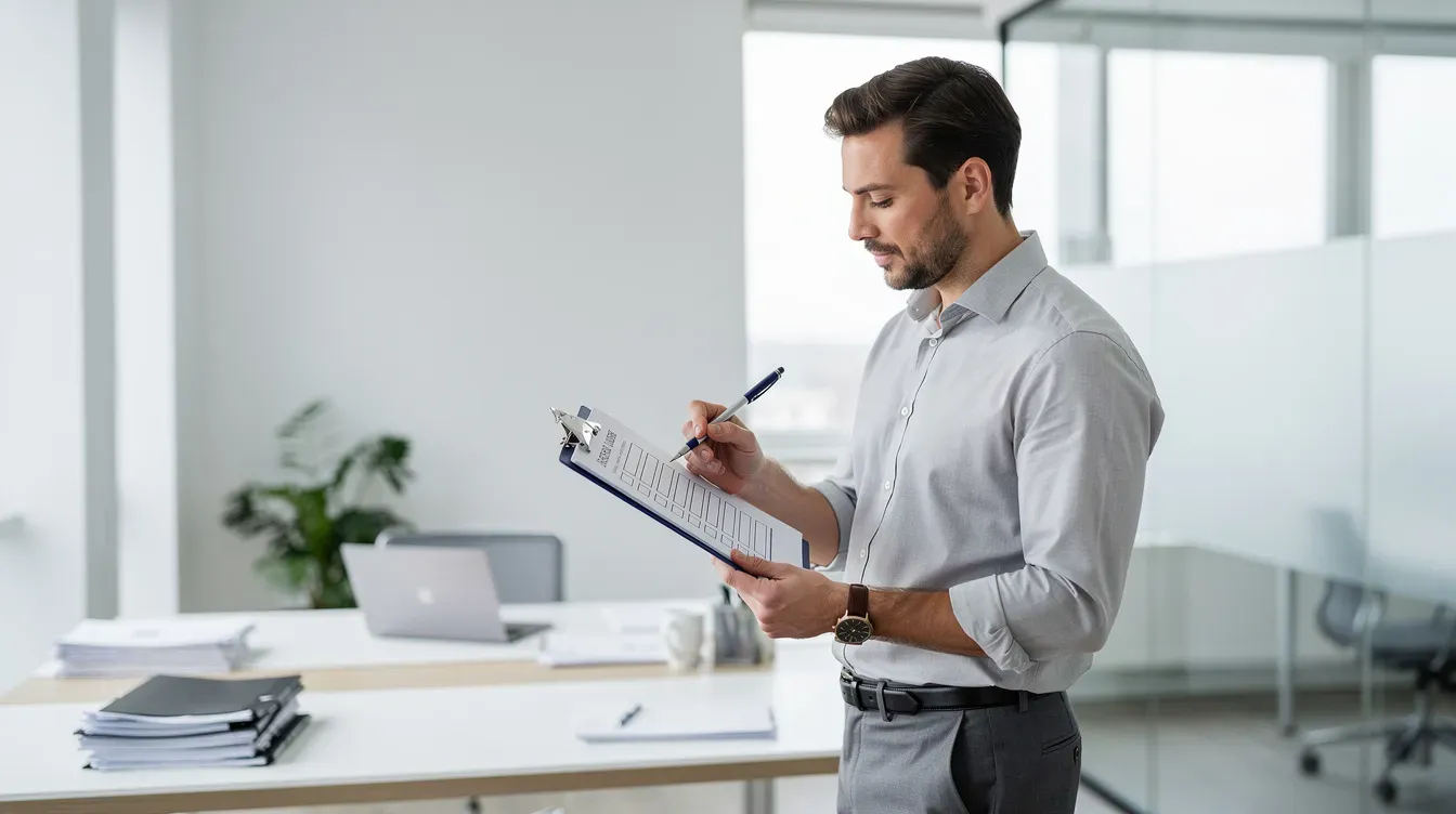 A business owner is seen in a clean, modern office, diligently checking items off a clipboard, possibly related to their company name or future plans details. The organized workspace reflects a professional environment, essential for managing relevant information and supporting evidence for their business operations.