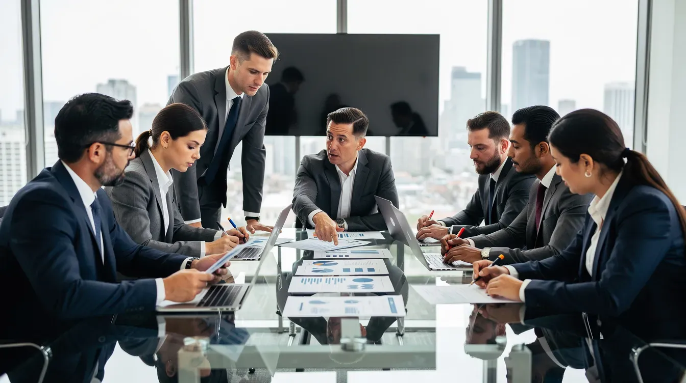 A group of business professionals is gathered around a conference table, intently reviewing documents that likely include annual accounts and details related to the company's financial year. The atmosphere suggests a focus on important deadlines for filing accounts and preparing for the upcoming accounting reference period.