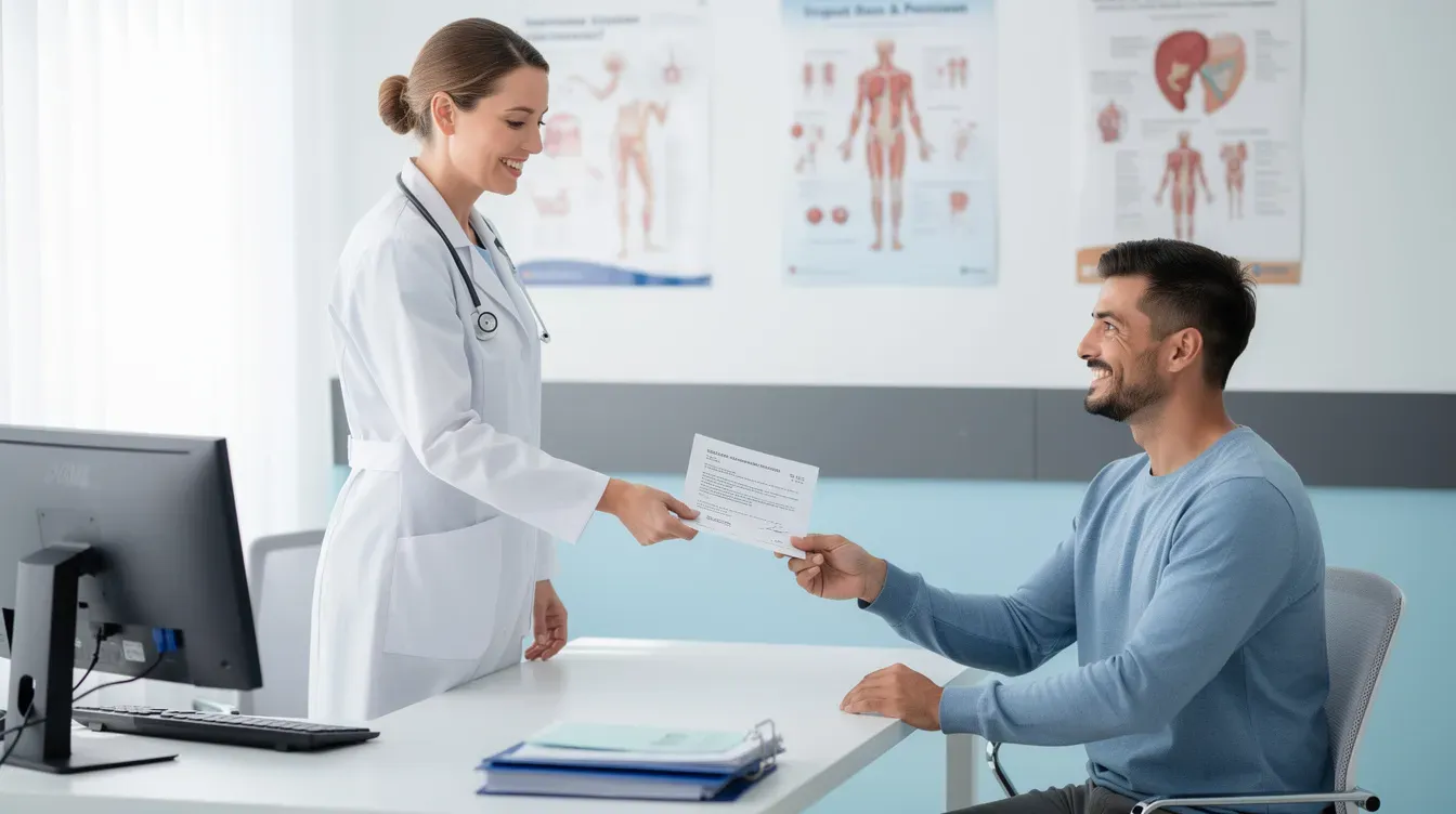 A doctor in a clinic setting is handing a document to a patient, who appears to be receiving important medical evidence related to their health condition or disability. This interaction may be linked to the patient's eligibility for various financial support options, such as disability benefits or universal credit.