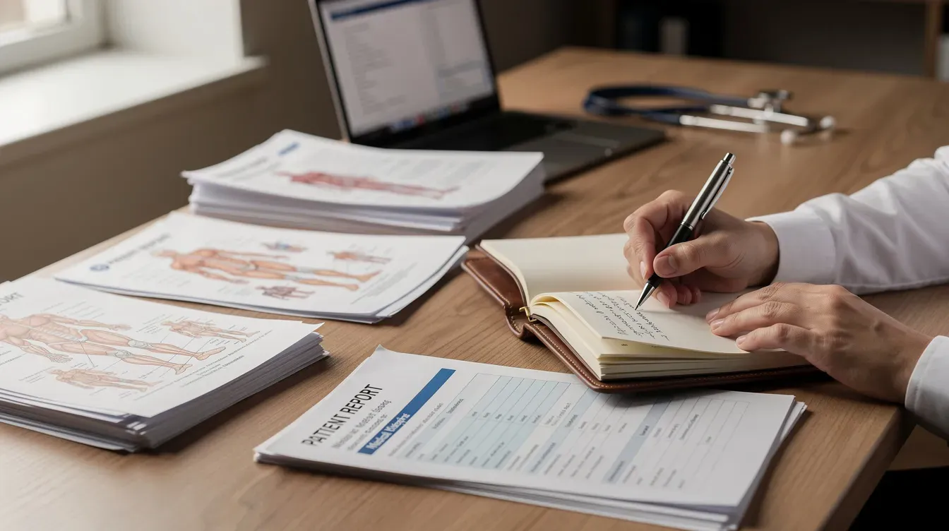 A person is sitting at a desk, focused on writing notes in a journal, with various medical documents spread nearby. The scene suggests a connection to financial support, possibly related to disability benefits or employment and support allowance, as the individual prepares to provide medical evidence for their claim.