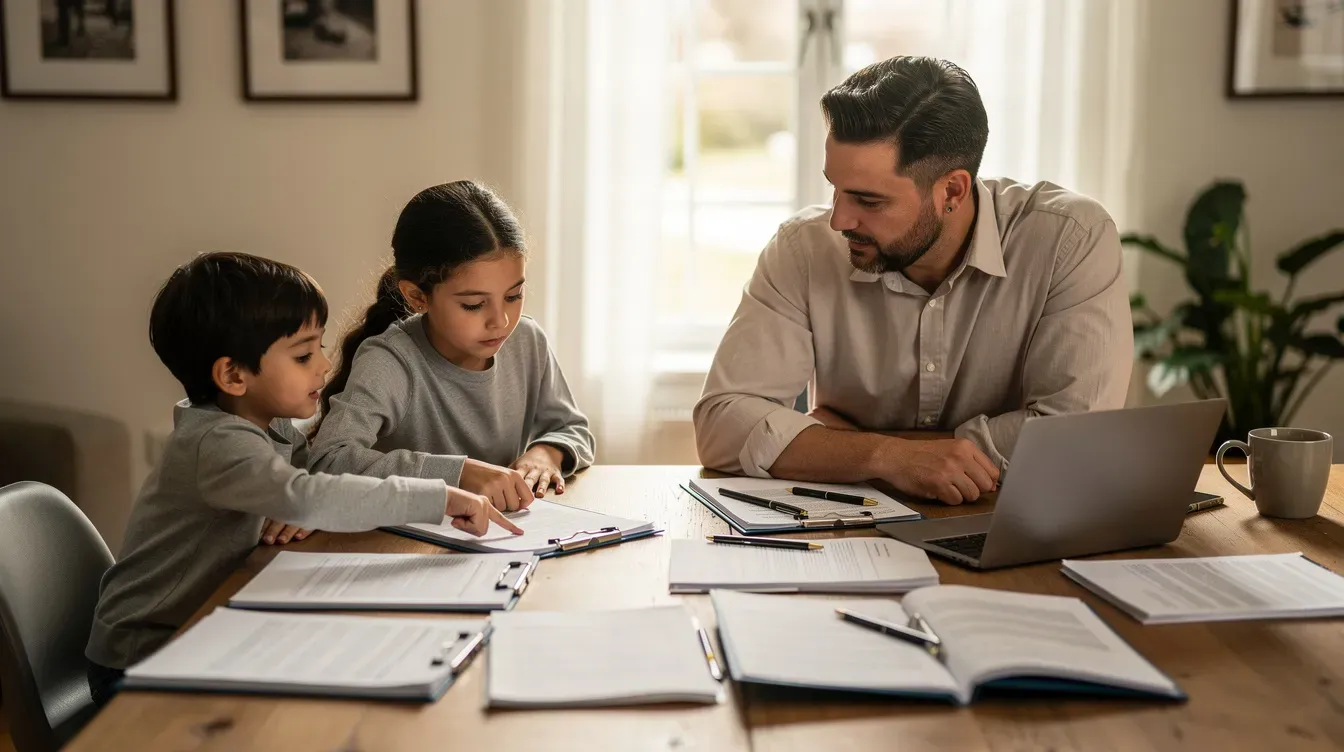A family is gathered around a dining table, reviewing various documents together, possibly related to financial support like employment and support allowance or universal credit claims. They appear engaged in a discussion, indicating they are assessing their household income and exploring options for benefits due to a health condition or disability.