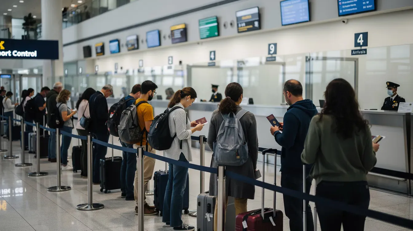 A diverse group of travelers stands in a queue at an airport passport control area, waiting to present their paper passports and personal details for verification. The atmosphere is bustling, with signs indicating the passport office and counters for processing applications and renewals.