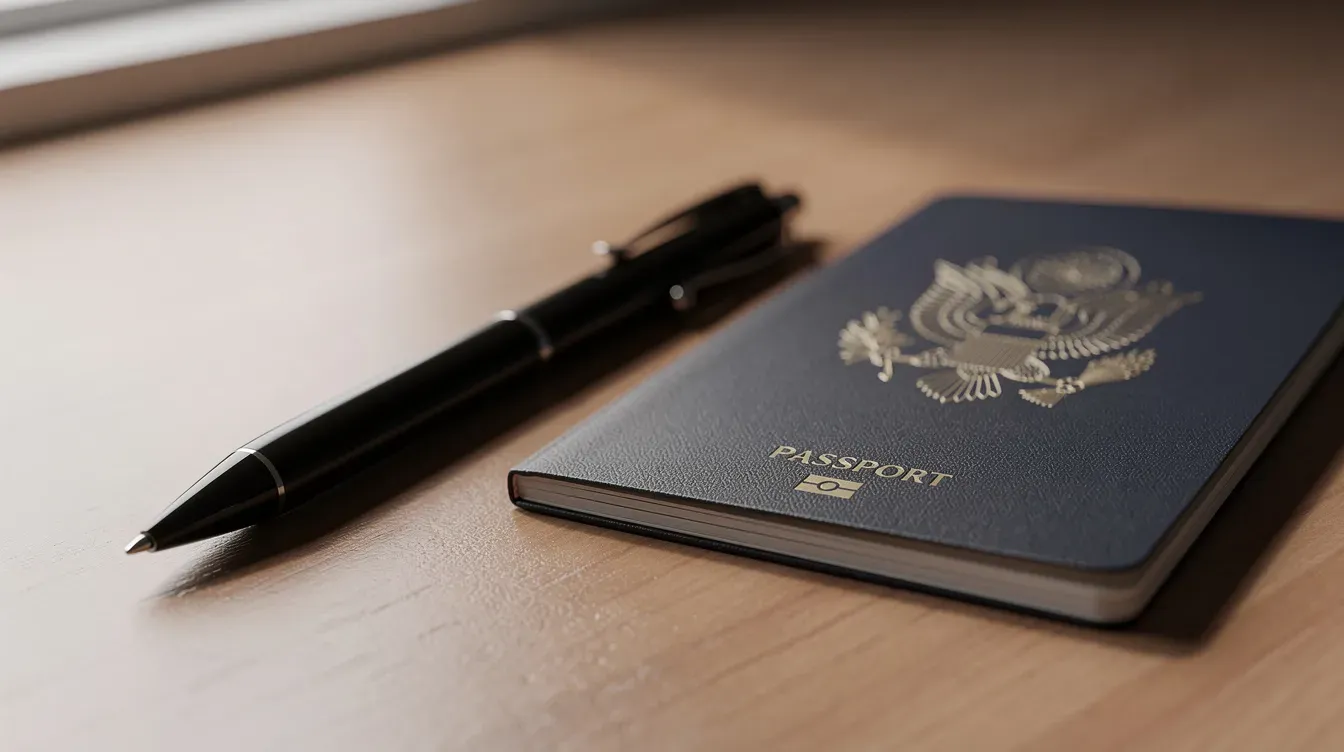 A black ballpoint pen is positioned next to a closed passport on a desk, symbolizing the importance of signing required paper forms for passport applications at the passport office. The scene highlights the tools needed for confirming one's identity and personal details when applying for a new passport.