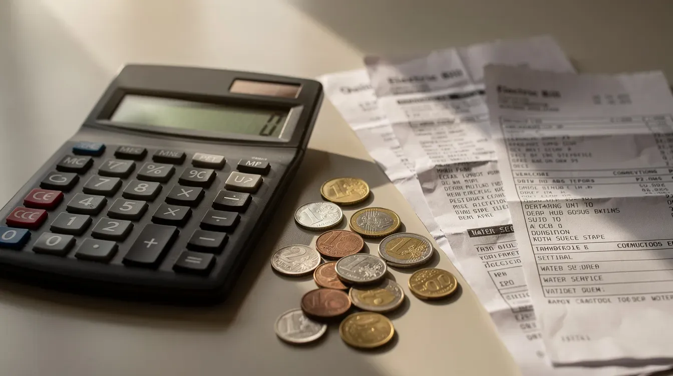 A calculator sits on a desk next to a stack of coins and various household bills, symbolizing the management of living costs and finances, including the potential need to claim universal credit or other benefits for support. The scene reflects the everyday challenges faced by individuals in budgeting and ensuring they can meet their basic living expenses.