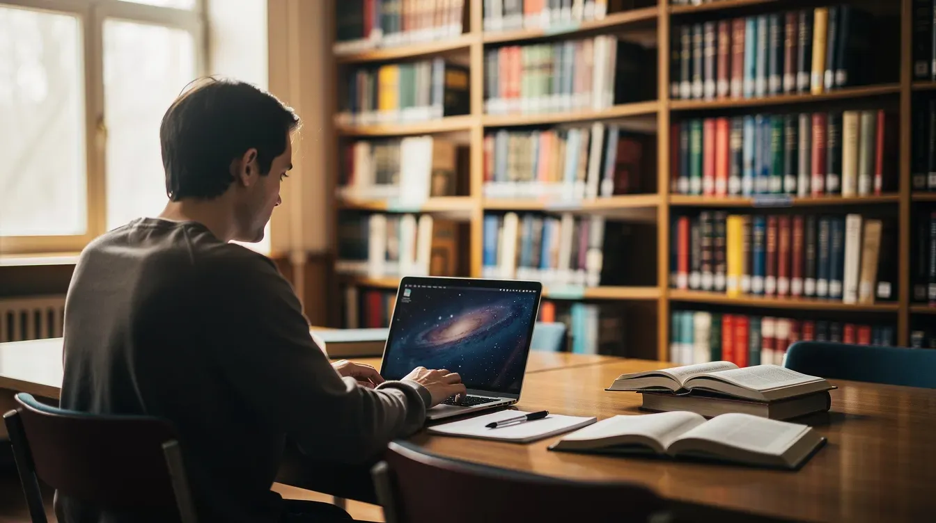 A person is seated at a table in a library, focused on their laptop with bookshelves filled with various books in the background. This scene reflects the environment where individuals may seek information on topics like universal credit and other benefits to support their living costs and financial needs.