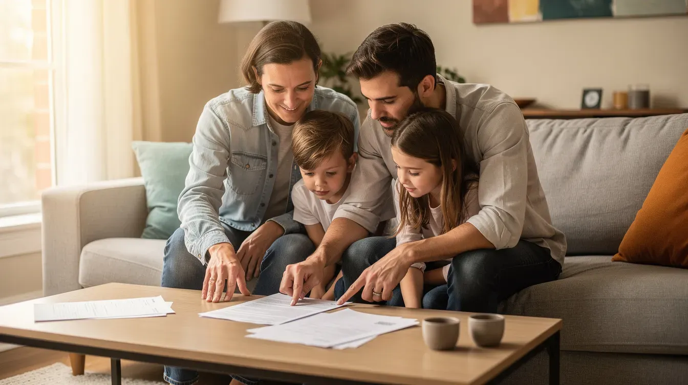 A young family with two children is sitting together on a sofa, reviewing documents related to their universal credit claim. They appear focused and engaged, highlighting the importance of understanding their financial support options, such as housing costs and childcare costs.