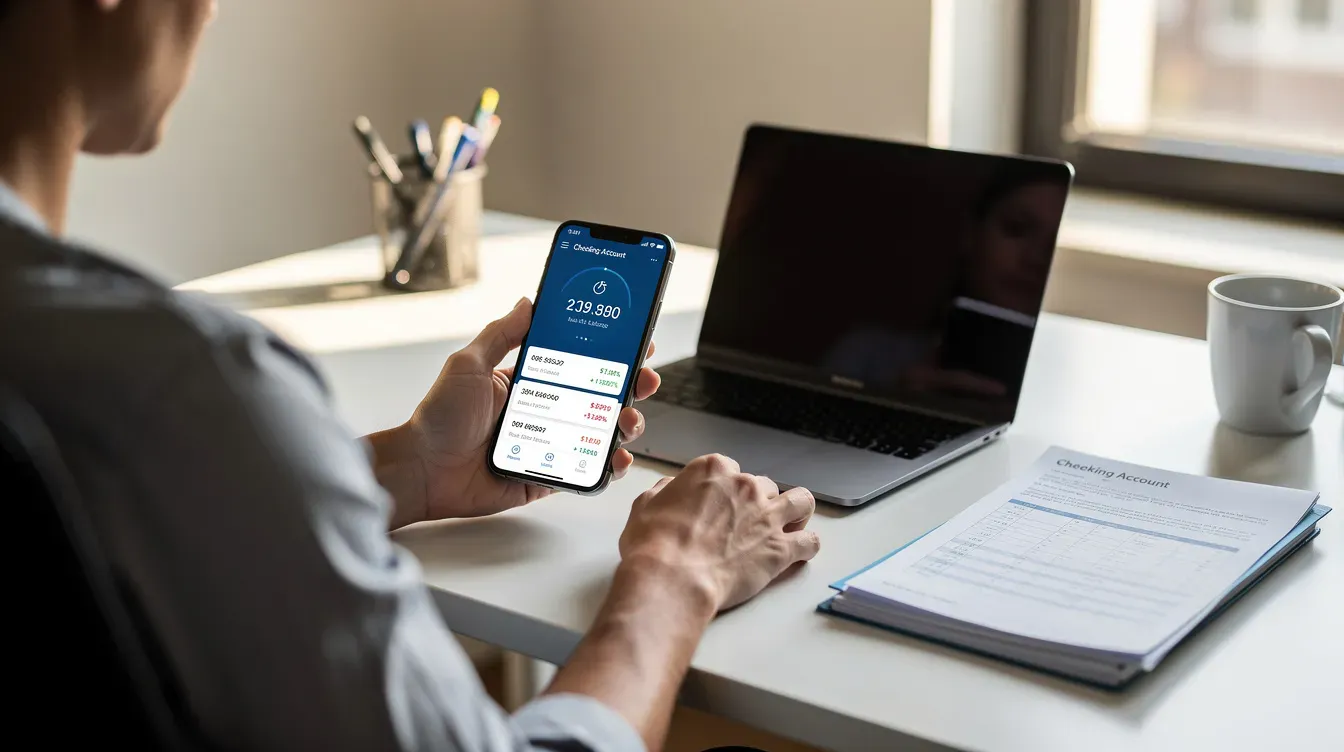 A person is sitting at a desk, checking their bank balance on a mobile phone, possibly reviewing their universal credit payments or assessing their financial situation. The scene conveys a sense of personal finance management, highlighting the importance of keeping track of income and benefits.