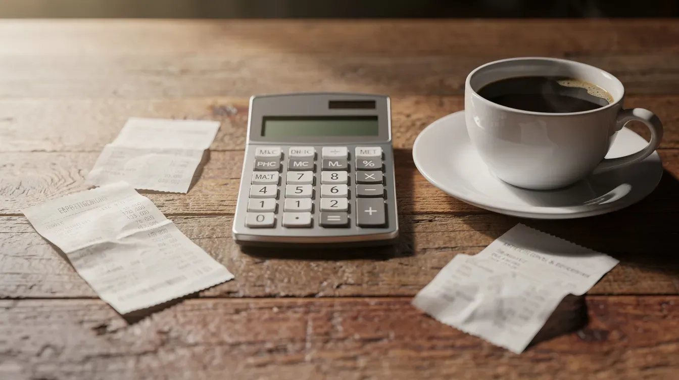 The image features a calculator, several receipts, and a coffee cup arranged neatly on a wooden table, symbolizing the management of personal and business finances. This setup reflects the essential tools for small business owners as they plan their budgets and track expenses while enjoying a moment of coffee break.