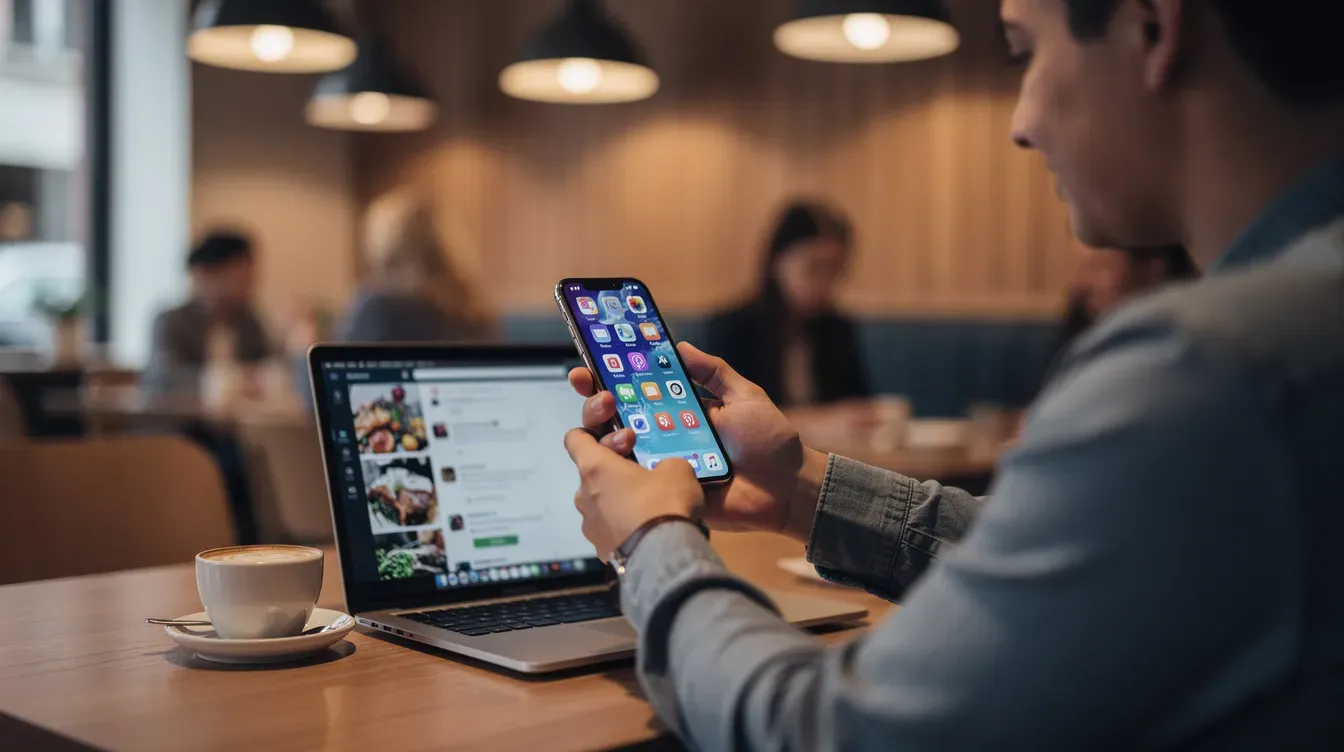 A person is seated in a cozy cafe, holding a smartphone that displays various social media apps, symbolizing the intersection of personal and business finances. This setting suggests a small business owner exploring marketing strategies to connect with potential customers while enjoying their coffee.