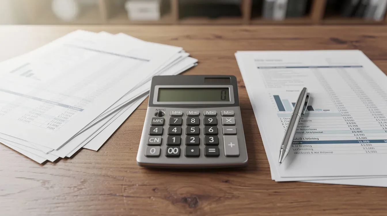 The image shows a calculator, documents, and a pen arranged neatly on a wooden desk in a professional office setting, suggesting an environment where a small business owner might be preparing a detailed business plan or managing personal and business finances. This workspace reflects the organized nature necessary for starting a business and handling tasks like preparing financial statements and assessing business expenses.