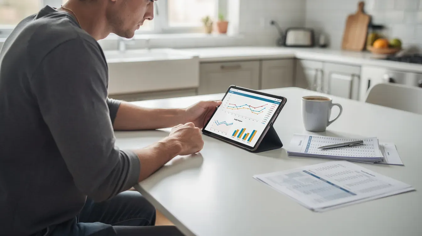 A person is sitting at a kitchen table, intently reviewing financial charts and spreadsheets on a tablet, indicating their focus on managing both personal and business finances. This scene reflects the essential steps in starting a business, as they analyze data to prepare a detailed business plan and assess potential customers for their new business.