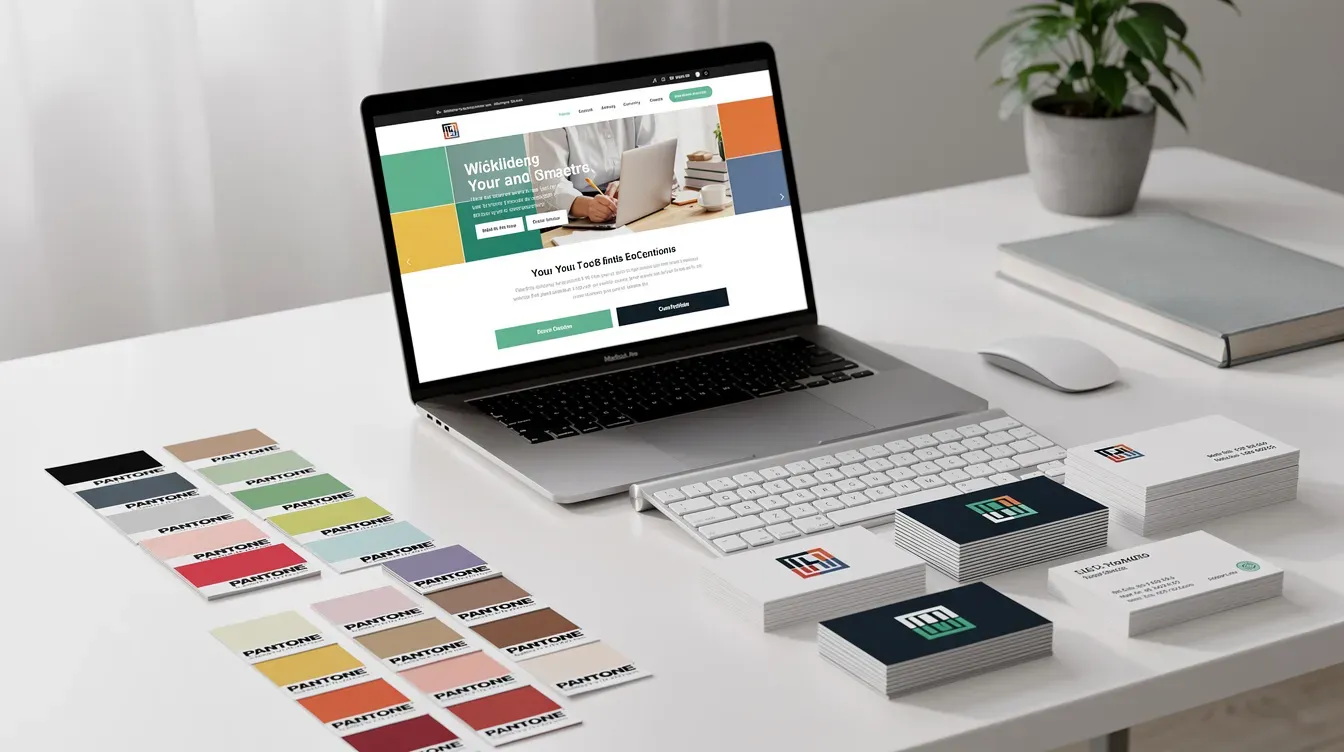 The image depicts a modern workspace featuring a laptop displaying a website design, surrounded by brand color swatches and printed business cards, reflecting the organized environment of a small business owner preparing to launch their own business. This setup emphasizes the importance of a detailed business plan and effective marketing strategy for starting a successful business.