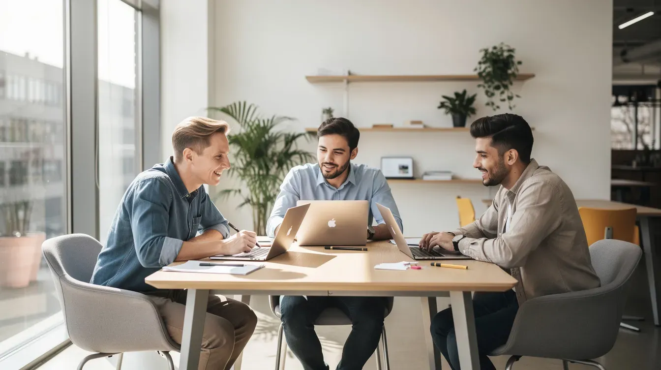 A small team of professionals is collaborating around a table in a bright, modern co-working space, each engaged with their laptops as they discuss their business ideas and strategies. This scene reflects the dynamic environment of starting a business, emphasizing teamwork and the importance of a detailed business plan for successful small businesses.