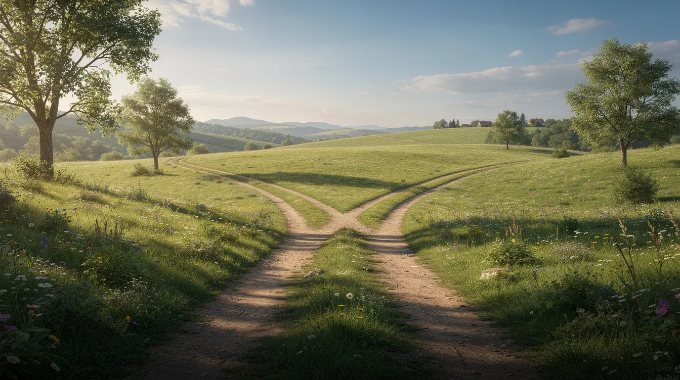 The image depicts two diverging paths winding through a vibrant green landscape, symbolizing the crucial choice between different directions in life or business. This visual metaphor can represent decisions such as starting a business, selecting a business structure, or planning a successful business strategy.