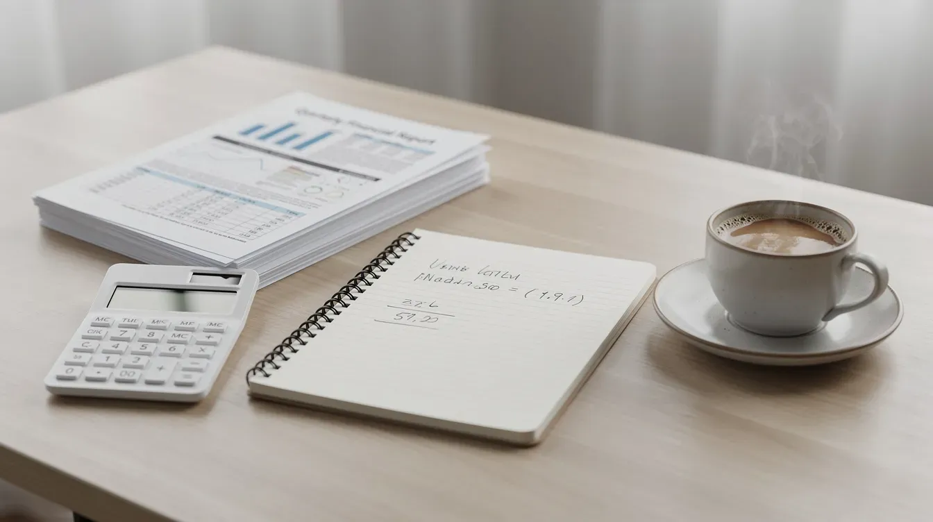 An organized desk features a calculator, a notebook, and a coffee cup, alongside various financial documents related to starting a business. This setup suggests a focus on managing personal finances and planning for a successful business, including considerations for business bank accounts and legal responsibilities.