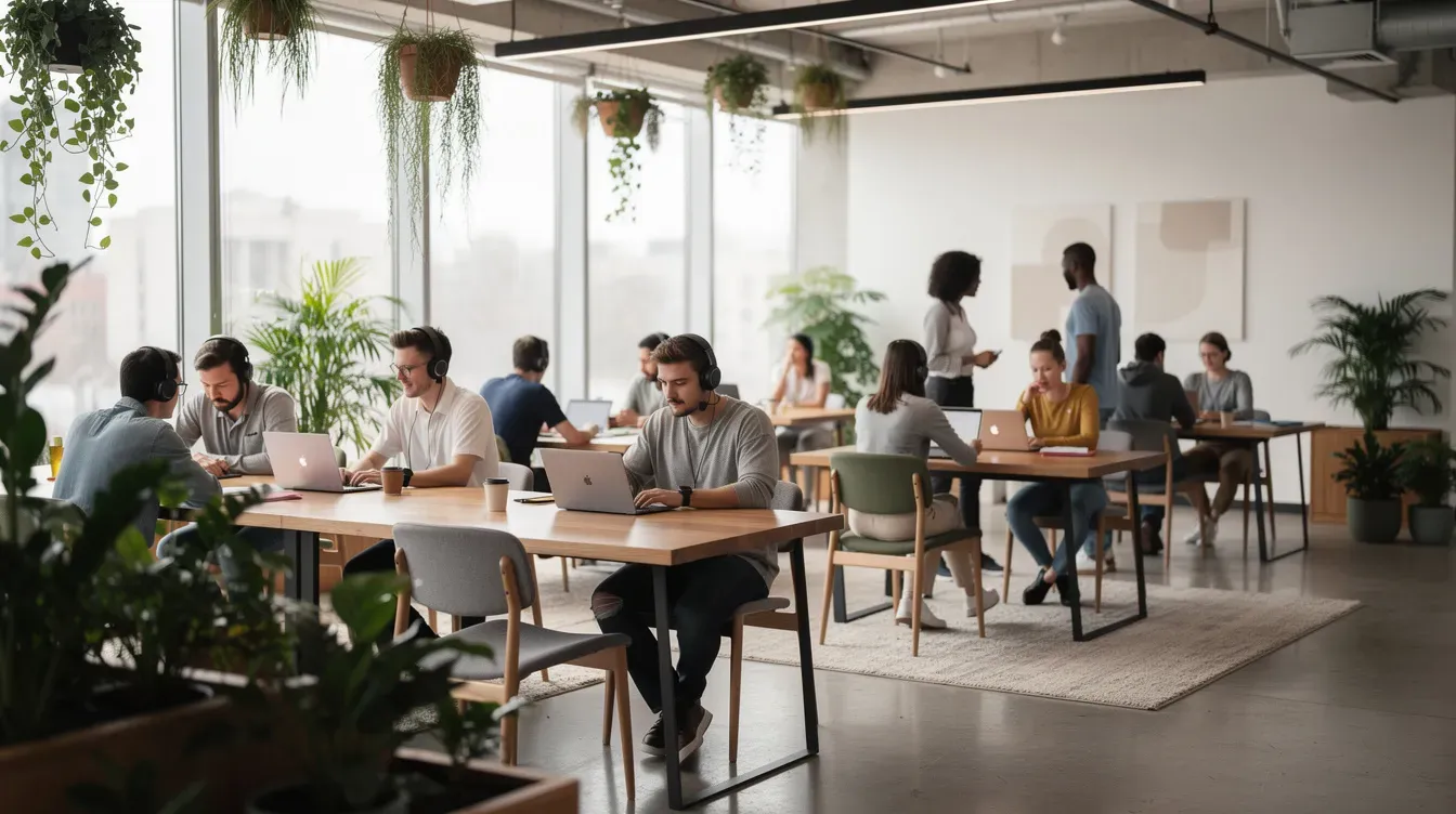 The image depicts a modern co-working space filled with desks, vibrant plants, and individuals focused on their laptops, embodying the essence of a successful business environment where people collaborate and work on their business ideas. This setting highlights the importance of professional advice and planning when starting a business, as it fosters creativity and productivity among entrepreneurs.