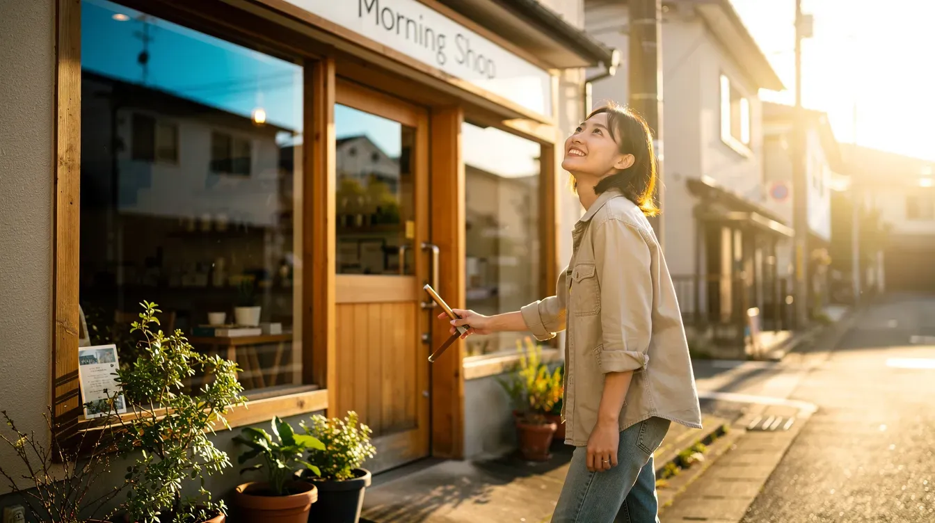 A person is opening the door of a small shop on a sunny morning, radiating optimism as they prepare to start their own business. This moment symbolizes the excitement and potential of launching a new venture, highlighting the importance of a solid business plan and understanding legal responsibilities.