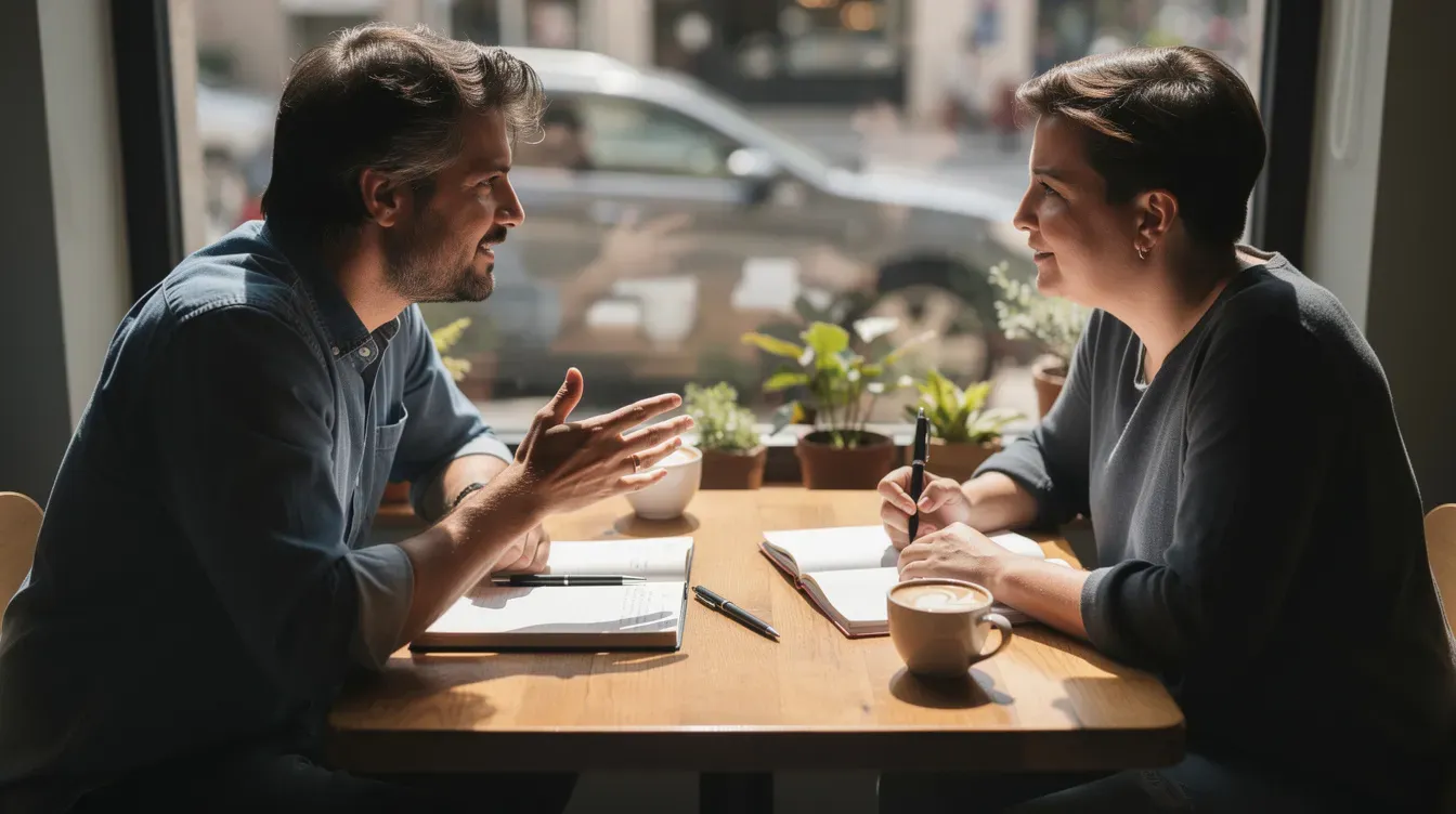 The image depicts two individuals engaged in a conversation at a cafe table, surrounded by notebooks filled with notes. They appear to be discussing a business plan, possibly exploring ideas for a startup company or strategies for securing funding from angel investors.