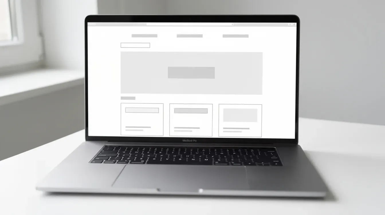 The image depicts a laptop screen showcasing a clean and simple website wireframe, designed to visualize a business plan for a startup company. This wireframe serves as a key part of the startup journey, helping founders to outline their marketing strategy and user experience for potential customers.