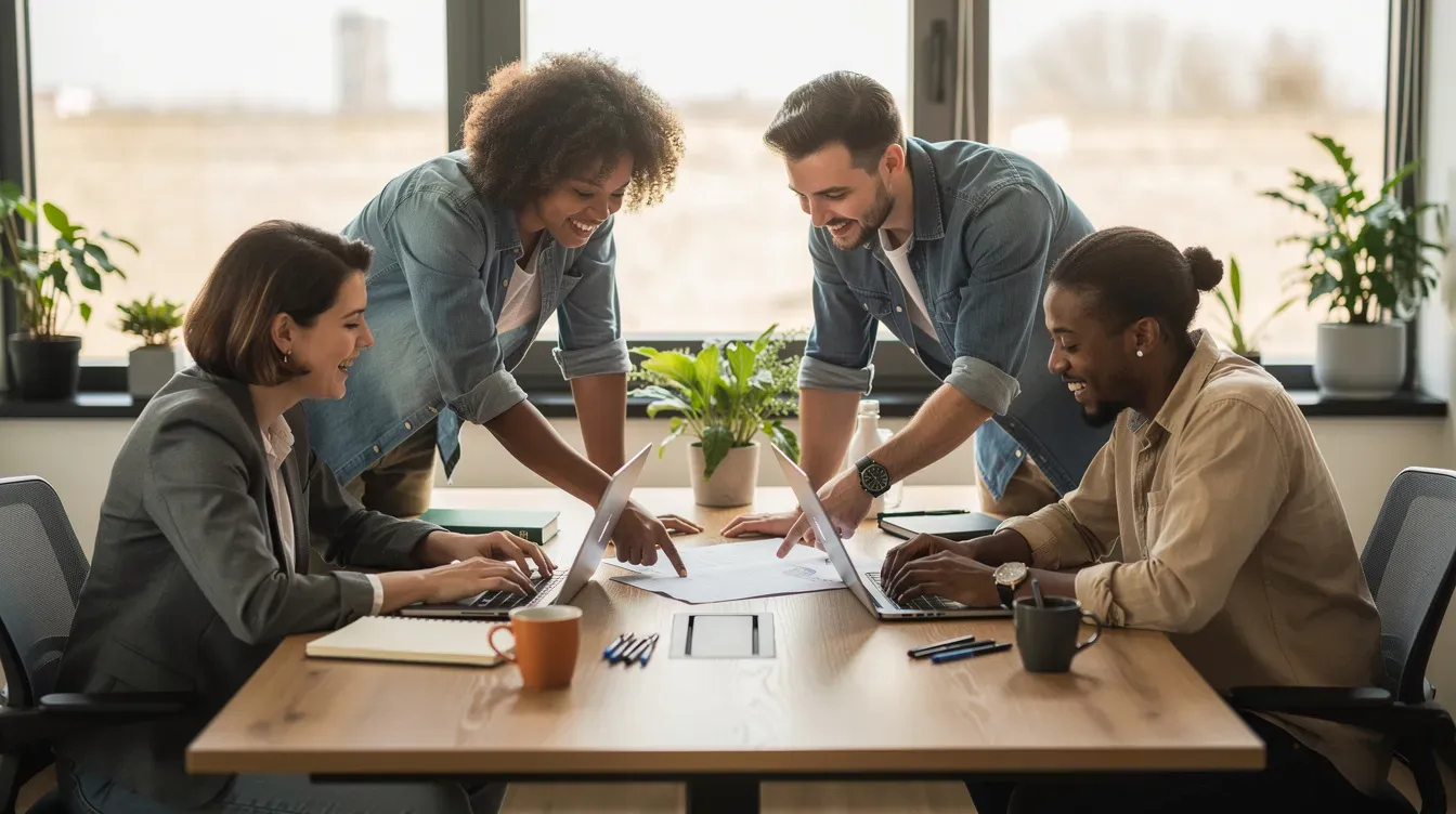 A small team of four people is collaborating around a table, each with their laptops open, actively discussing their business model and marketing strategy for their startup company. They appear engaged and focused, likely brainstorming key ideas to secure funding and refine their business plan.