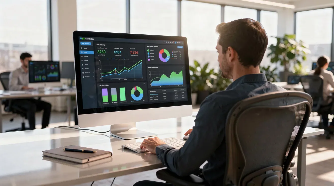 A person is intently observing an analytics dashboard on a computer monitor in a bright office space, highlighting the importance of market research and data analysis for startup companies. This scene reflects the critical role of financial accounting and marketing strategy in the journey of successful startups.