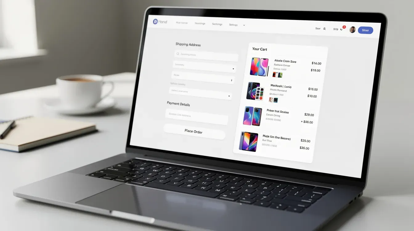 The image shows a laptop screen with an online store checkout page featuring various product images and a shopping basket, illustrating the process of starting an online business. This visual emphasizes the ease of selling online and highlights the importance of a user-friendly e-commerce platform for potential customers.