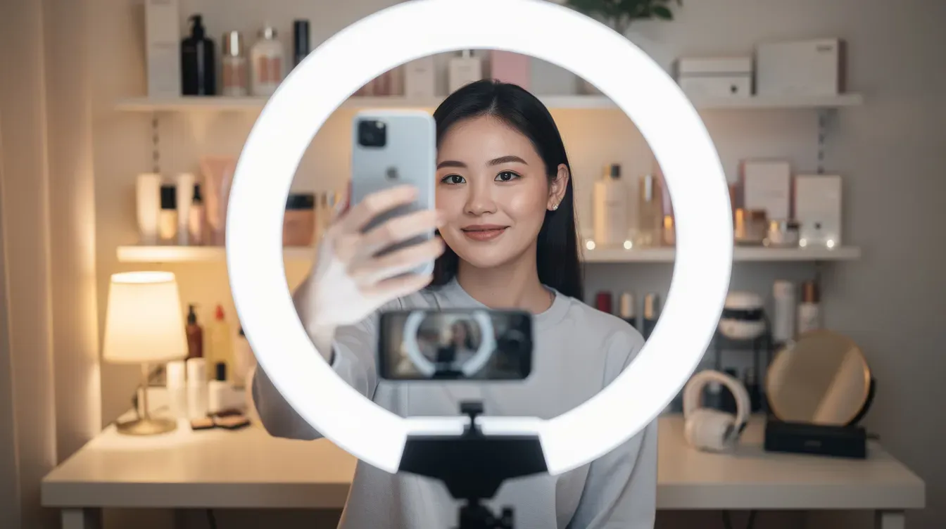 A person is using their smartphone to create content, illuminated by a ring light, while various products are displayed in the background, suggesting an online business setup. This scene reflects the growing trend of entrepreneurs starting an online business and utilizing social media marketing to attract potential customers.