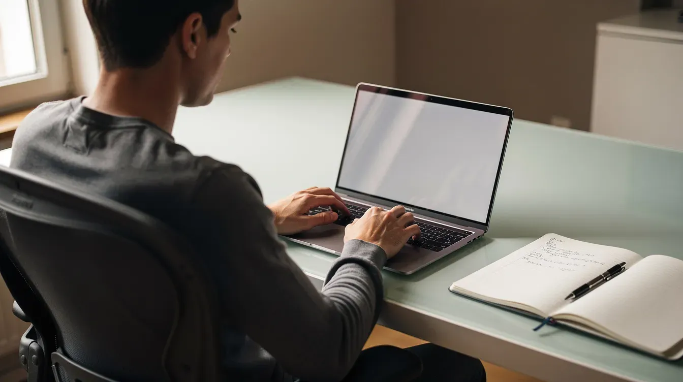 The image shows a person sitting at a desk, intently browsing a laptop with a notebook and pen beside them, possibly researching business grants and funding options for their own business. This scene reflects the entrepreneurial spirit and the pursuit of financial support for small businesses.