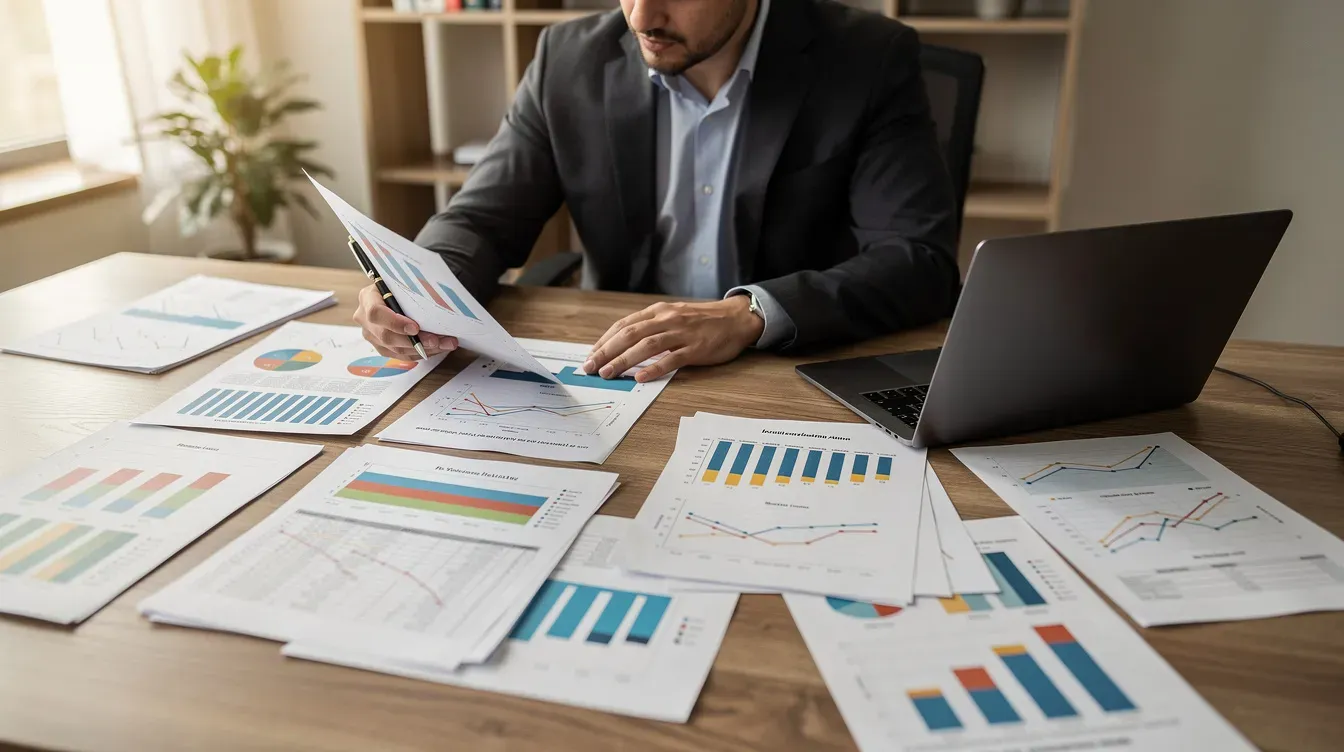The image shows a person intently reviewing printed documents and financial charts spread across a desk, likely assessing business plans and funding options for small businesses. This scene reflects the importance of securing grant funding and understanding eligibility criteria for various business grants.