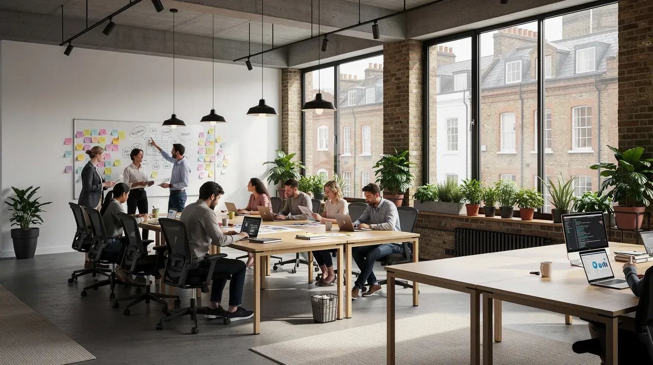The image depicts a modern coworking space in London, where founders are collaborating at desks near large windows, fostering innovation and engagement among startups during London Tech Week. The bright, open environment highlights the spirit of collaboration essential for business growth and international expansion in the tech ecosystem.