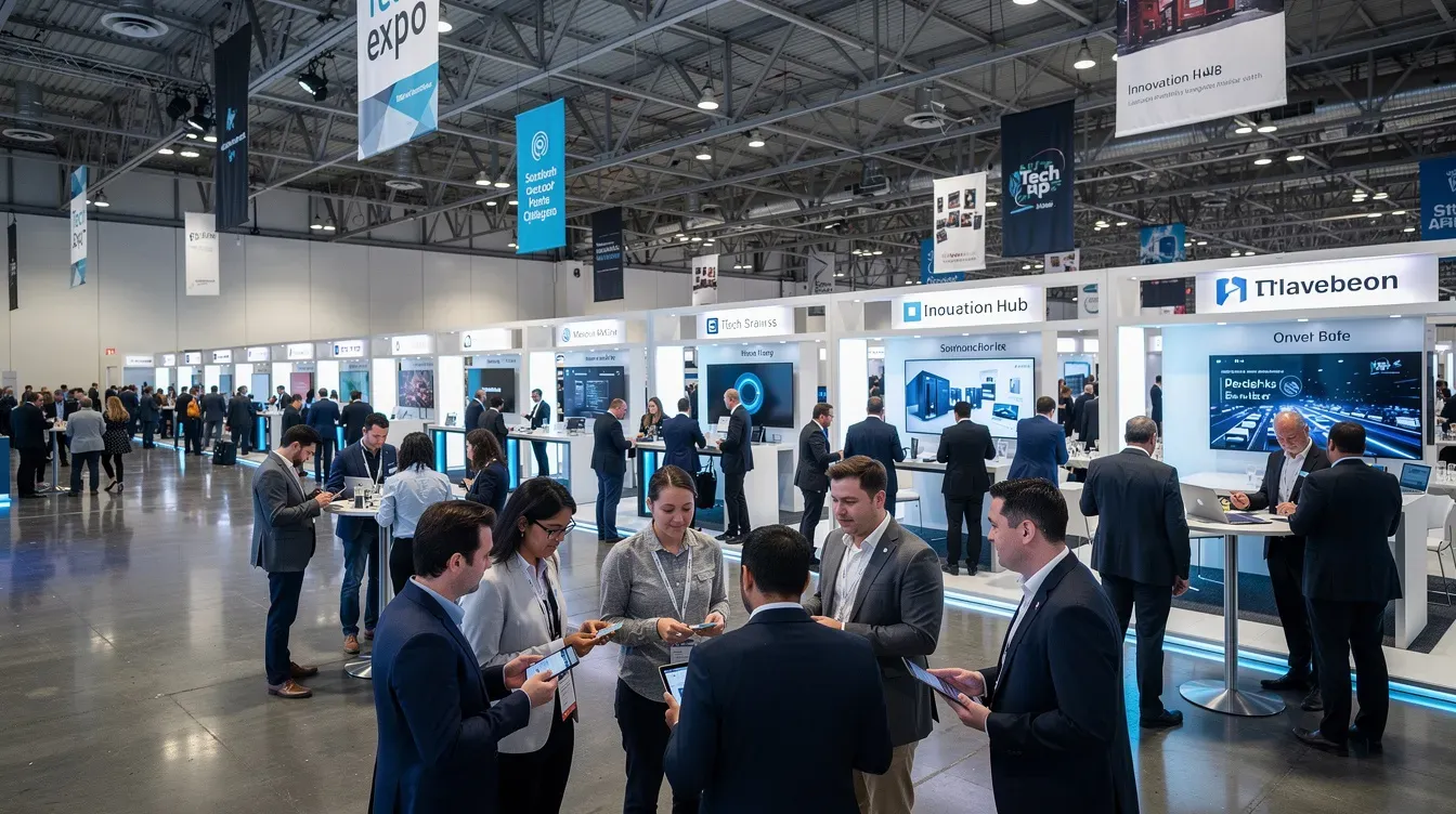 The image depicts a bustling technology conference hall during London Tech Week, with numerous attendees networking and engaging with various exhibition stands showcasing innovative solutions from startups and industry leaders. The atmosphere is vibrant, filled with discussions about AI, international expansion, and opportunities for growth in the tech ecosystem.