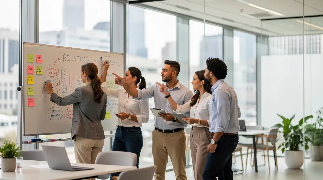 A diverse group of young professionals is collaborating around a whiteboard in a bright, modern office, showcasing innovation and teamwork typical of London startups. The scene reflects the vibrant atmosphere of the London tech ecosystem, where founders and developers engage in discussions to create solutions and expand their businesses.