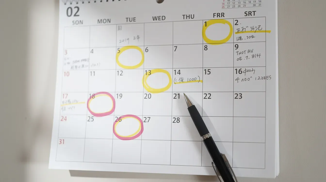 The image shows a wall calendar with several highlighted dates and a pen resting on it, suggesting important deadlines for business activities such as submitting forms to Companies House or planning grant funding applications for a private limited company. The calendar serves as a tool for managing key dates related to company obligations, including solvency statements and special resolutions.