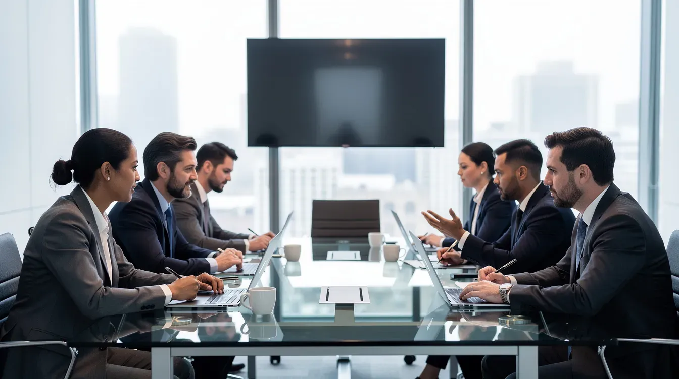 The image shows a group of business professionals engaged in discussion around a conference table, likely discussing important topics related to private companies, such as grant funding and share capital. Their focused expressions suggest they are reviewing crucial documents and strategies relevant to the company's solvency and operational plans.