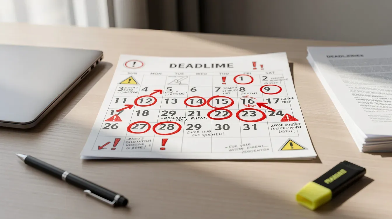 The image depicts a calendar resting on an office desk, featuring several important deadlines marked with red circles and warning symbols, indicating critical dates for companies regarding their legal obligations, such as filing financial statements and confirmation statements with Companies House. This visual serves as a reminder of the potential risks associated with a company's registered office address and the consequences of failing to meet these deadlines.