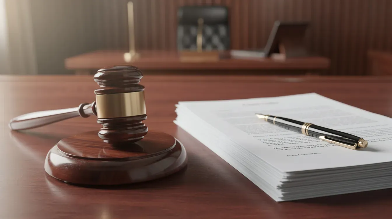 The image depicts a gavel resting on a polished wooden desk, accompanied by a stack of legal documents, set within a courtroom environment. This scene reflects the formal atmosphere of legal proceedings, where matters such as compulsory strike off processes and company dissolution may be discussed.