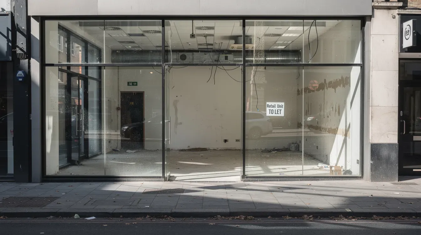 The image depicts a vacant retail unit on Sunbridge Road in Bradford, featuring large windows and awaiting renovation. This space, formerly known as Maison Threads, presents an opportunity for businesses to offer post office services locally and support the community.